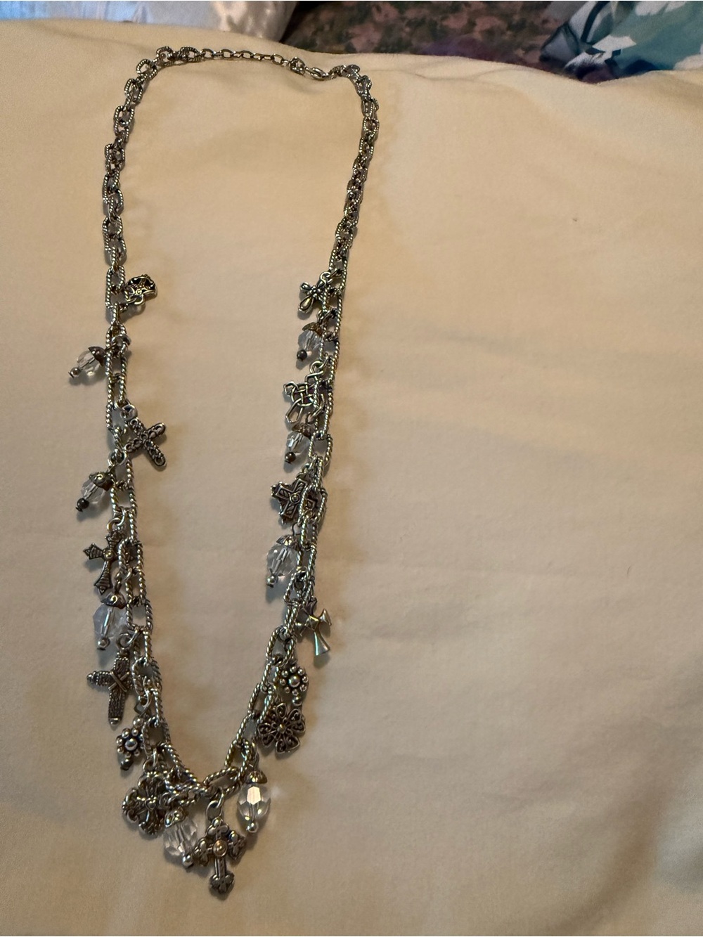 Silver Tone Multi-Charm Necklace with Clear Beads